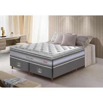 Conjunto Cama Box King De Molas Ensacadas D33 Com Pillow Top Cama Inbox Select 193x203x71 Cinza