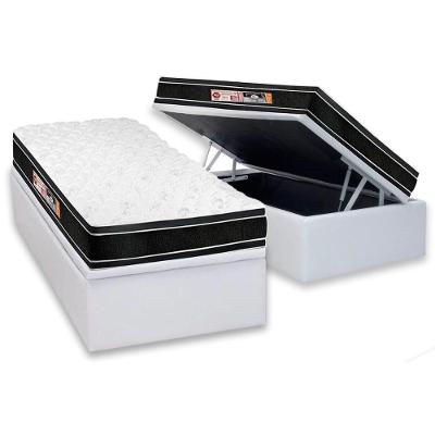 Cama Box Baú Solteiro: Colchão Espuma Castor D33 Black e White Air Euro Pillow + Base CRC Courano White(88x188)