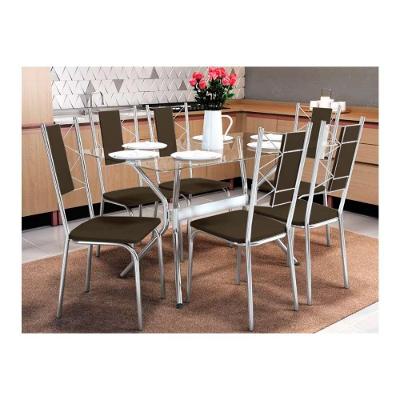 Conjunto: Mesa de Cozinha Loire c/ Tampo de Vidro 150cm + 6 Cadeiras Lisboa Cromado/Marrom - Kappesberg