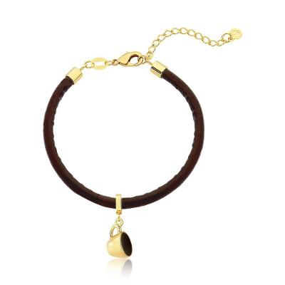 Pulseira De Couro Vl Café Com Xícara Revestida Em Ouro.