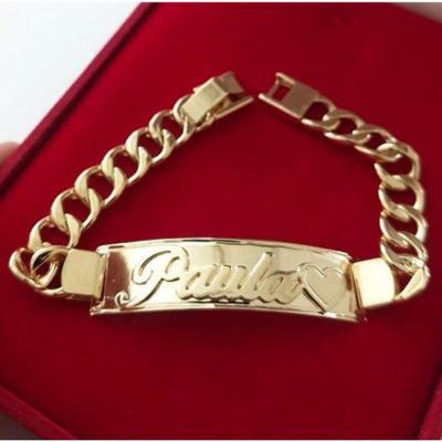 Pulseira Chapa Em Alto Relevo Com Coração Banhado A Ouro 18k
