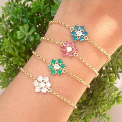 Pulseira Flor Pedras Banho De Ouro