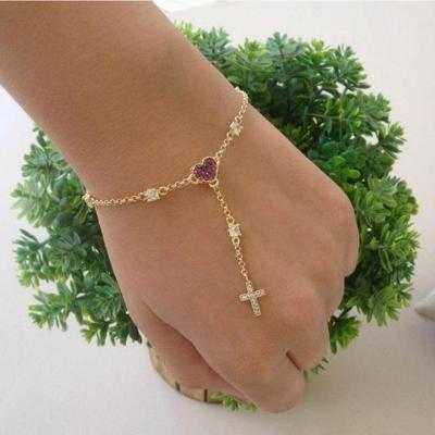 Pulseira Estilo Terço Ponto De Luz Coração Rubi Cruz Banho De Ouro