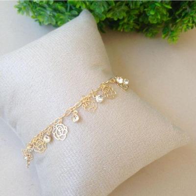 Pulseira Flor E Ponto De Luz Banhada A Ouro