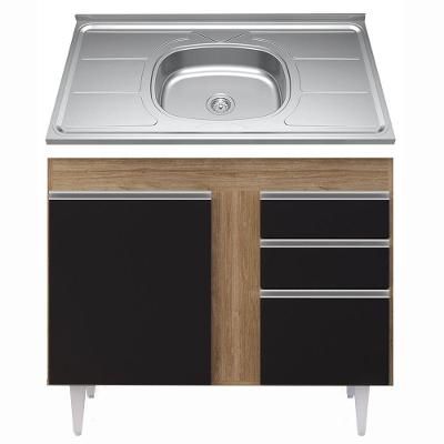 Balcão Gabinete Com Pia Inox 100cm 3 Portas 2 Gavetas preto