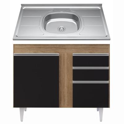 Balcão Com Pia Inox 100cm 3 Portas 2 Gavetas Castanho/Preto