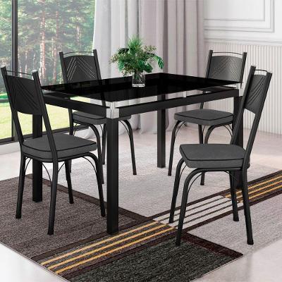 Conjunto De Mesa Com 4 Cadeiras Tampo De Vidro 107cm Preto Fosco Assento Andorinha