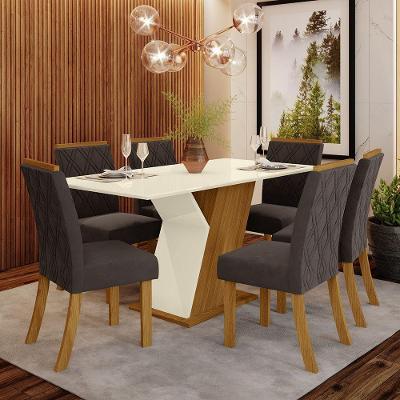 Conjunto Sala de Jantar Mesa 120cm Tampo MDF 4 Cadeiras Lupita Casa 812 nature com off white e marrom expresso
