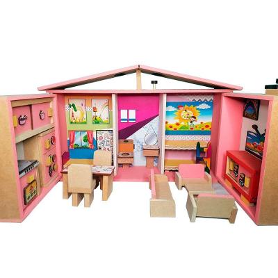 Casinha De Boneca Com Móveis Estilo Maleta - Madeira - 5 Ambientes - Rosa