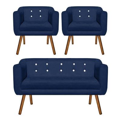 Kit Sofá 02 Lugares e 02 Poltronas Julia Azul Com Strass