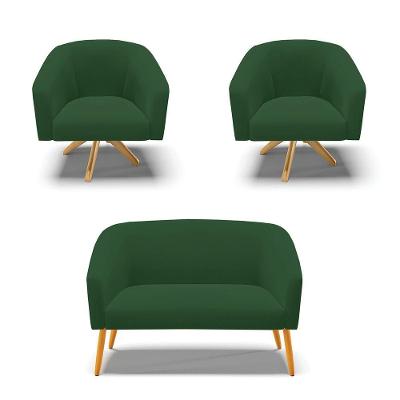 Kit 1 Namoradeira E 2 Poltronas Base Madeira Verde