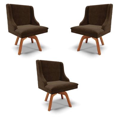 Kit 3 Cadeiras Decorativas Sala De Jantar Base Giratória De Madeira Firenze Suede Marrom/natural G19 - Gran Belo