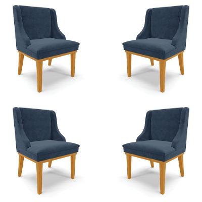 Kit 4 Cadeiras Decorativas Sala De Jantar Base Fixa De Madeira Firenze Suede Azul Marinho/castanho