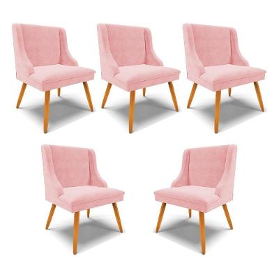 Kit 5 Cadeiras Decorativas Sala De Jantar Pés Palito De Madeira Firenze Suede Rosa Bebê/natural G19