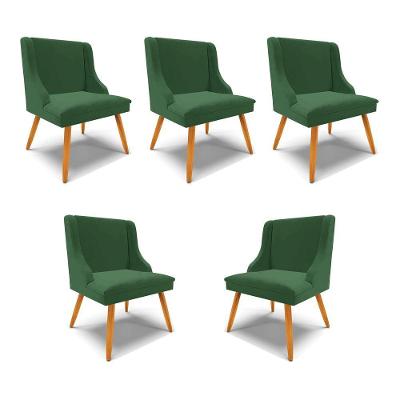Kit 5 Cadeiras Decorativas Sala De Jantar Pés Palito De Madeira Firenze Veludo Verde/natural G19 - Gran Belo