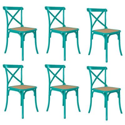 Kit 6 Cadeiras Jantar Azul Turquesa Assento Bege Aço Azul