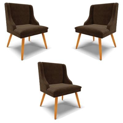 Kit 3 Cadeiras Decorativas Sala De Jantar Pés Palito De Madeira Firenze Suede Marrom/natural G19