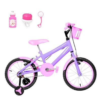 Bicicleta Infantil Feminina Aro 16 Alumínio Colorido + Kit Passeio Lilás E Rosa