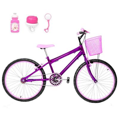 Bicicleta Feminina Aro 24 Alumínio Colorido + Kit Passeio Cor Violeta E Rosa