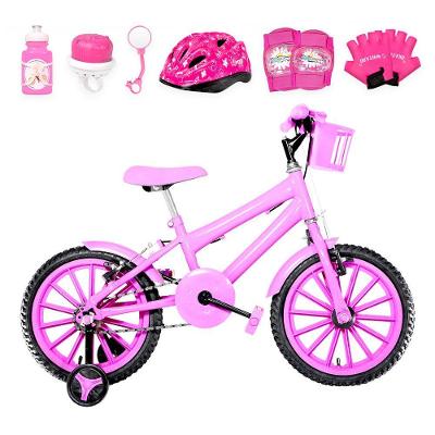 Bicicleta Infantil Aro 16 Nylon + Kit Proteção Cor Rosa