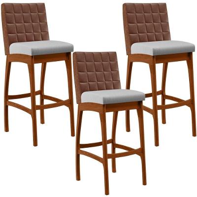 Kit 03 Banquetas Altas Mila Marrom Linho Cinza