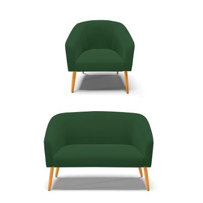 Kit 1 Namoradeira E 1 Poltrona Pés Palito Castanho Verde