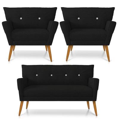 Kit 01 Namoradeira 02 Lugares E 02 Poltronas Anitta Linho Preto A79 Com Strass Pés Palito Castanho