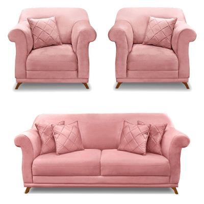 Kit 2 Poltronas E Sofá 2 Lugares 1,80m Pés Castanho Rosa