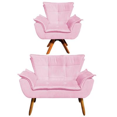 Kit 01 Namoradeira e 01 Poltrona Giratória Opala Suede Rosa
