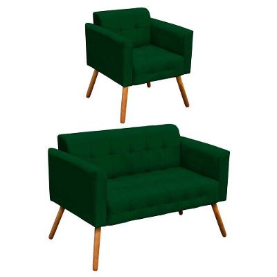 Kit 01 Namoradeira e 01 Poltrona Elisa Suede Verde Pés