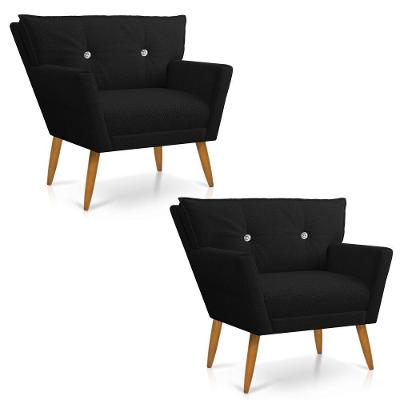 Kit 02 Poltronas Anitta Linho Preto A79 Com Strass Pés Palito Castanho