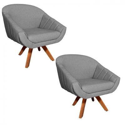 Kit 02 Poltronas Giratória Giovana Linho A26 Base Madeira