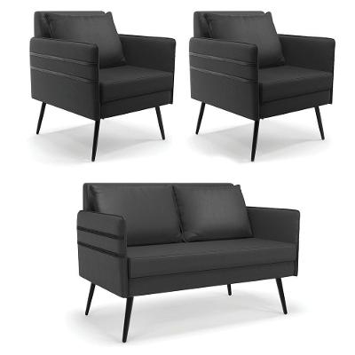 Kit 01 Namoradeira E 02 Poltronas Corino Preto