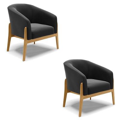 Kit 02 Poltronas Preto Base Madeira Castanho
