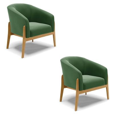 Kit 02 Poltronas Stella Suede Base Madeira Castanho - D'rossi Cor Verde
