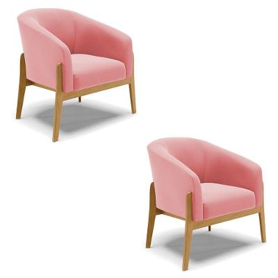 Kit 02 Poltronas Stella Suede Base Madeira Castanho - D'rossi Cor Rose