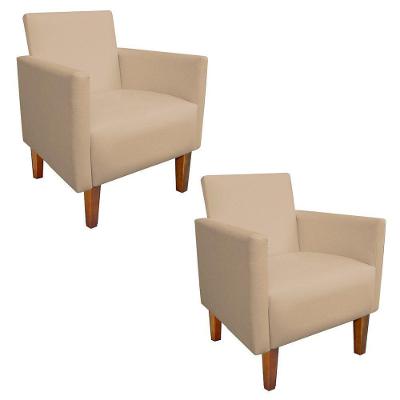Kit 02 Poltronas Corino Bege Pés Chanfrado Castanho D´rossi