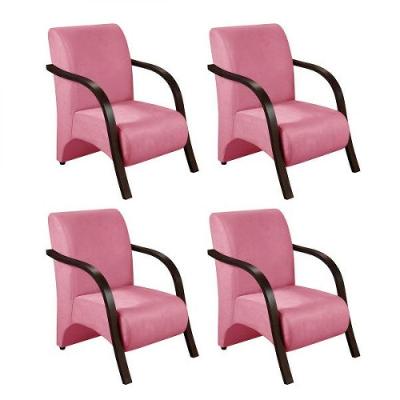 Kit 4 Poltronas 1 Lugar Sevilha Braço Pé Madeira Suede Rosa