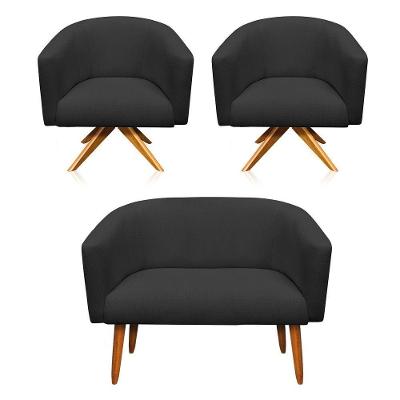 Kit 1 Namoradeira 2L e 2 Poltronas Giratória Linho Preto