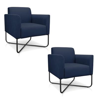 Kit 02 Poltronas Marisa Suede Base X Industrial Azul Marinho
