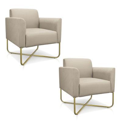 Kit 02 Poltronas Marisa Suede Base X Industrial Dourada Bege
