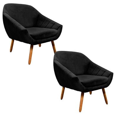 Kit 02 Poltronas Giovana Suede Pés Palito Castanho Preto
