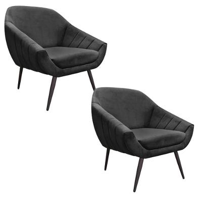 Kit 02 Poltronas Giovana Suede Preto Pés Palito Ferro Drossi