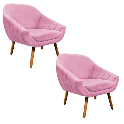 Kit 02 Poltronas Giovana Suede Pés Palito Castanho rosa Bebê