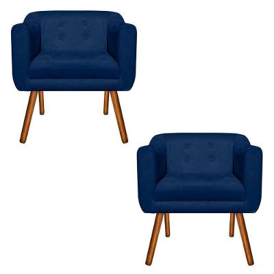 Kit 02 Poltronas Julia Azul Marinho Pés Palito Castanho