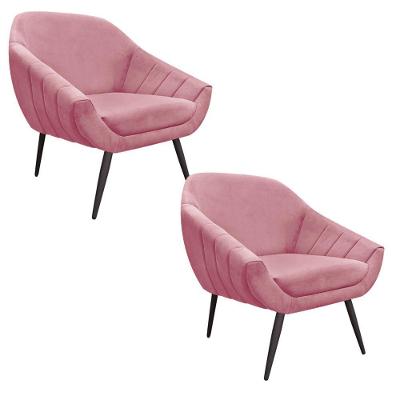 Kit 02 Poltronas Giovana Suede Rose Pés Palito Ferro Drossi