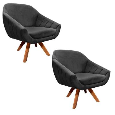 Kit 02 Poltronas Giratória Giovana Suede Preto Base Madeira