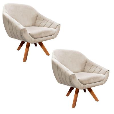Kit 02 Poltronas Giratória Giovana Suede Bege Base Madeira