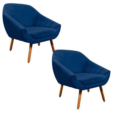 Kit 02 Poltronas Giovana Pés Palito Castanho Azul Marinho