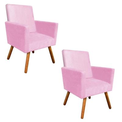 Kit 02 Poltronas Nina Suede Rosa Bebê Pés Palito Castanho